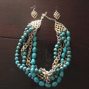 Chunky turquoise and gold necklace/earrings set